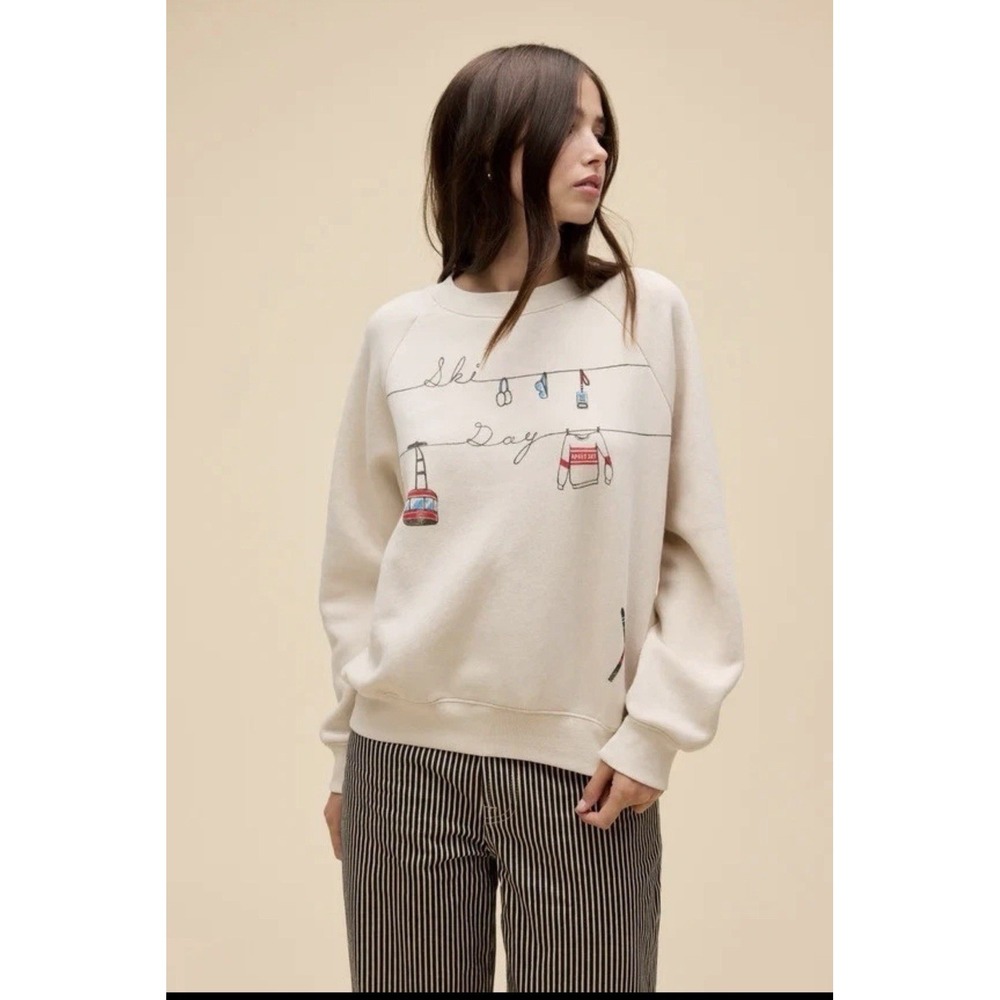 DAYDREAMER Ski Day Shrunken Raglan Pullover Sweatshirt Cream Size Small